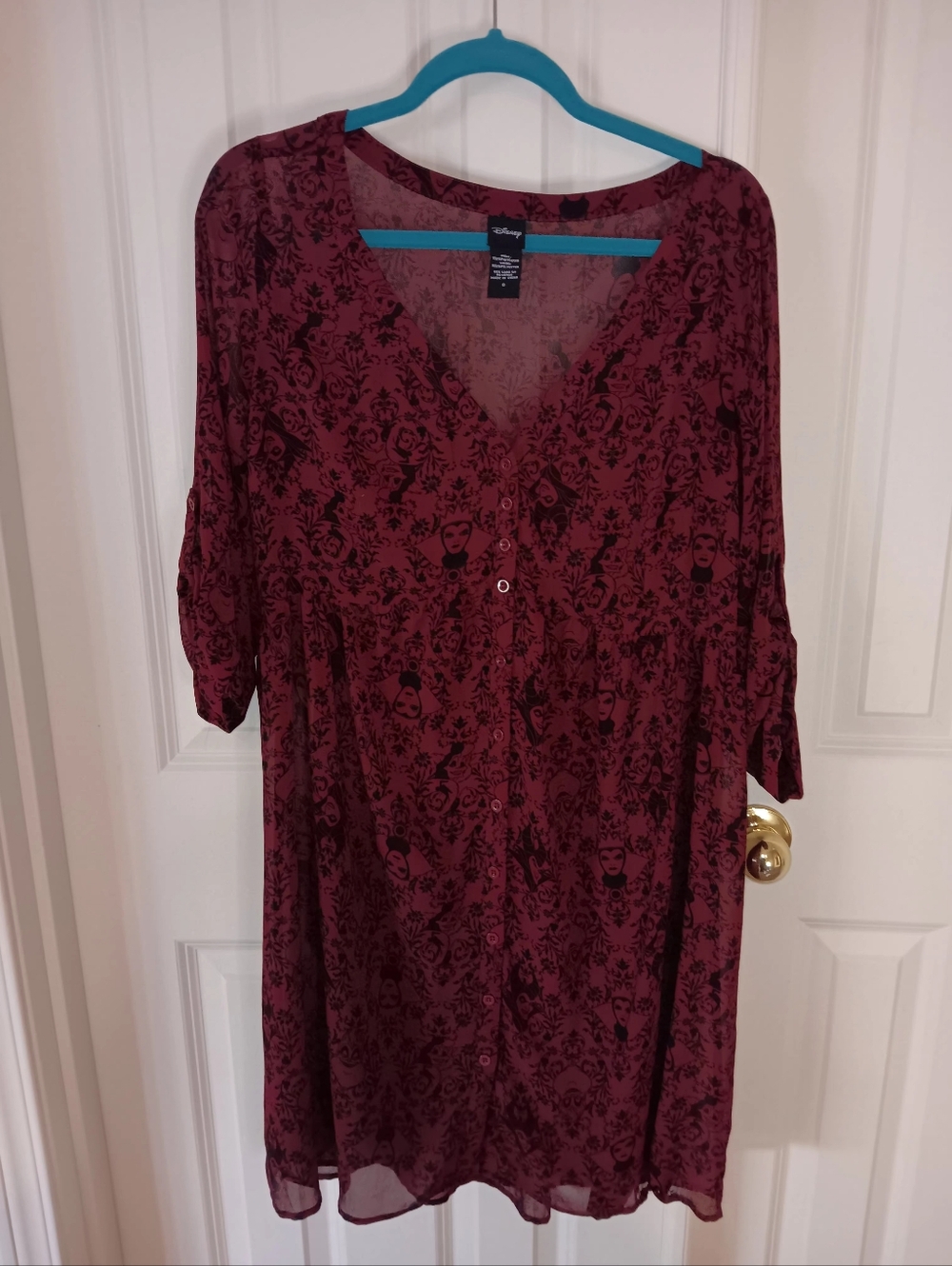 Disney Burgundy Floral Print Button-Front Long Sleeve Sheer Dress